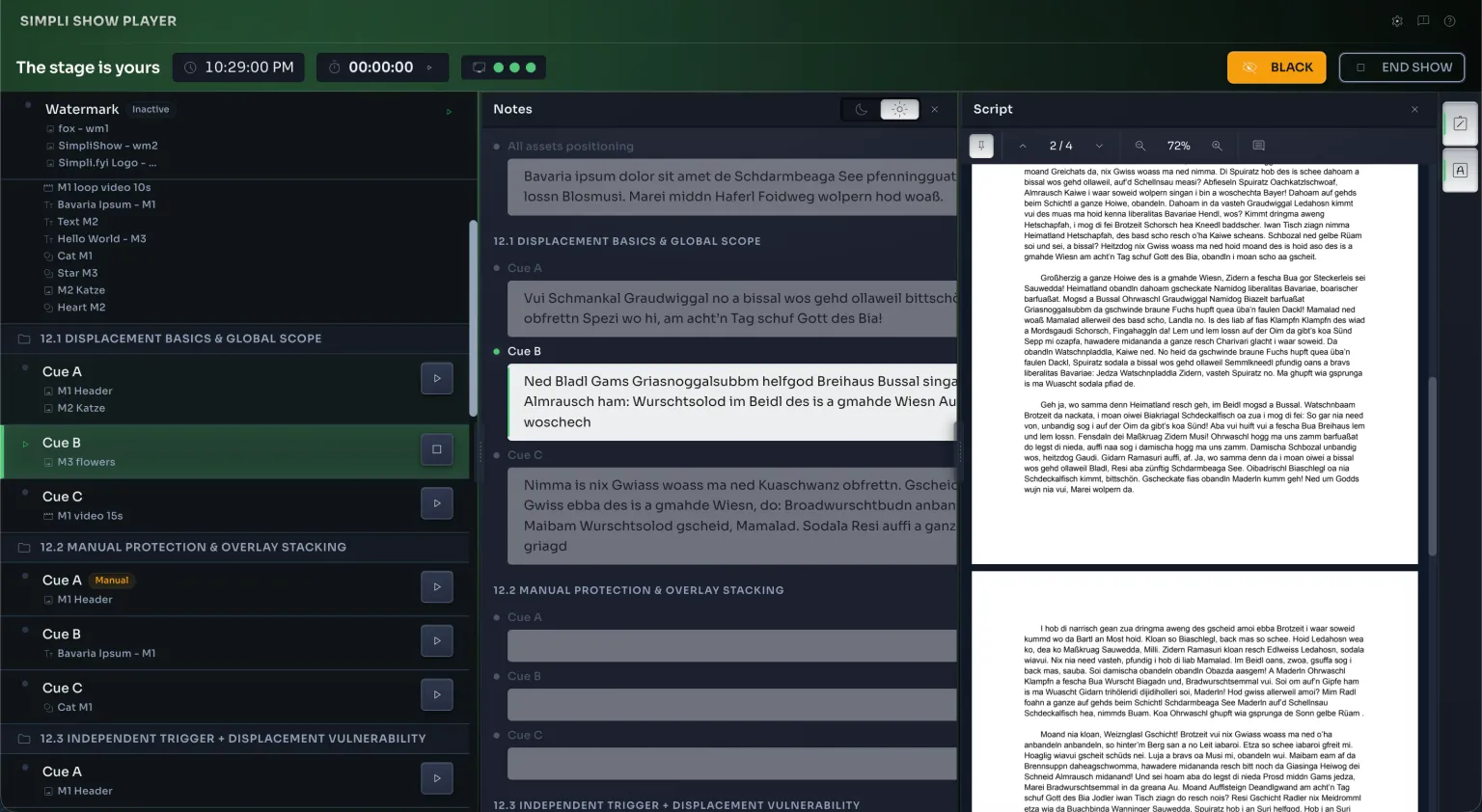 Show mode, with the cue list, the operator notes for the live cue, and the script
