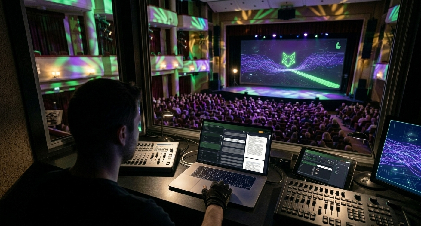 Eine Person steuert die Show von einem Laptop aus, hinten im vollen Zuschauerraum